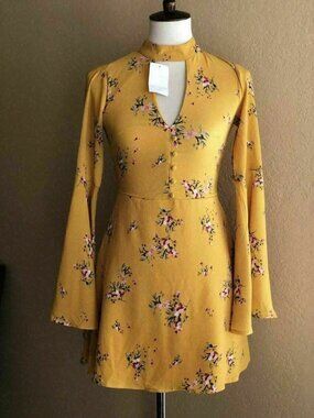 Socialite Women's Yellow Harper Bell Sleeve Plunging Cutout Dress Size XS